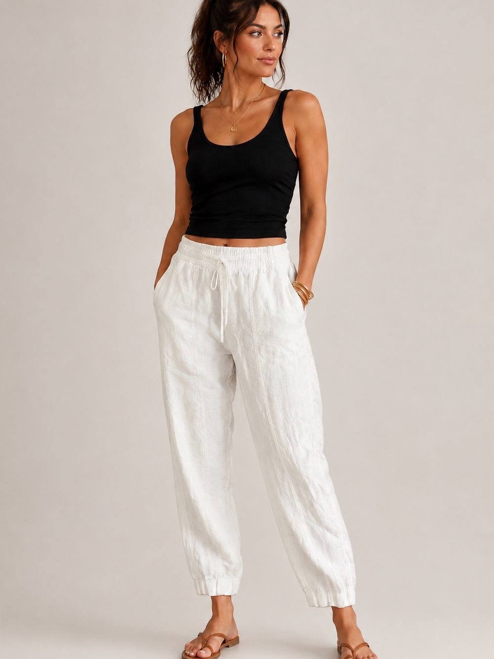 Athleta Retreat White Drawstring 100% Linen Jogger
